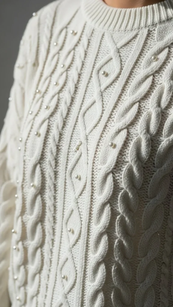 10. White Cable-Knit with Pearls