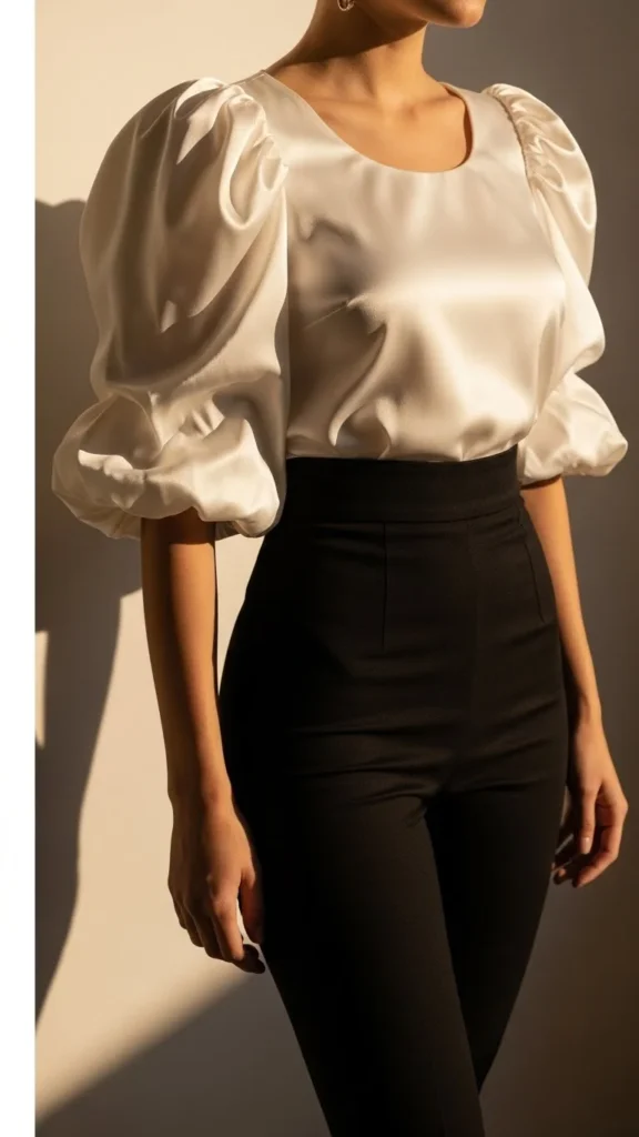 21. Satin Puff-Sleeve Top with Slim Pants