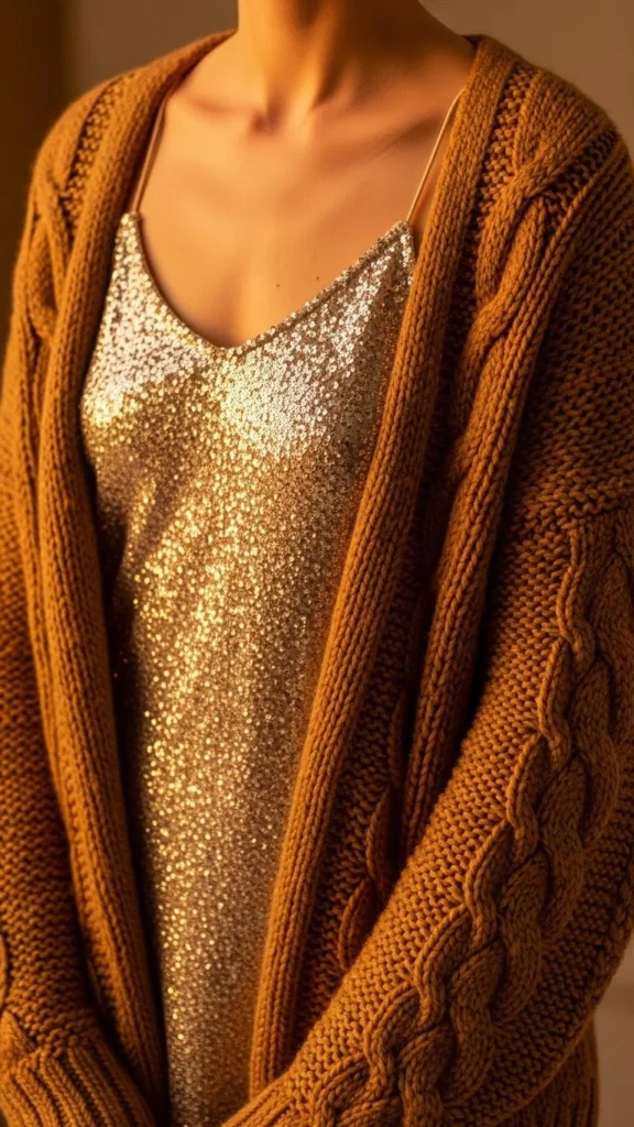 26. Cozy Cardigan Over a Sparkly Camisole