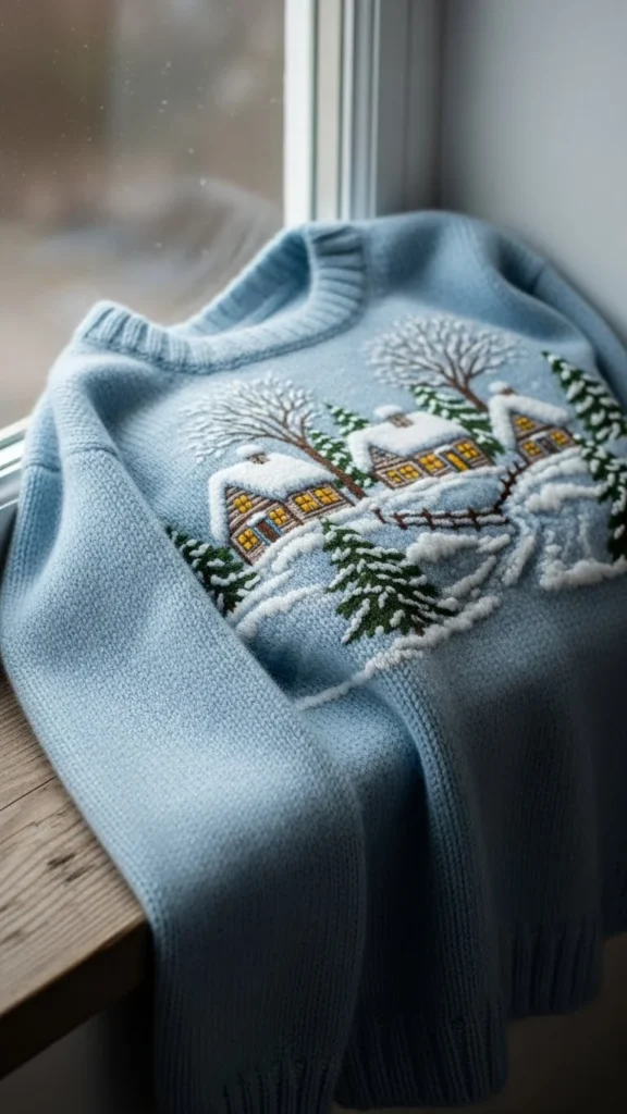 6. Soft Blue Winter Scene Sweater
