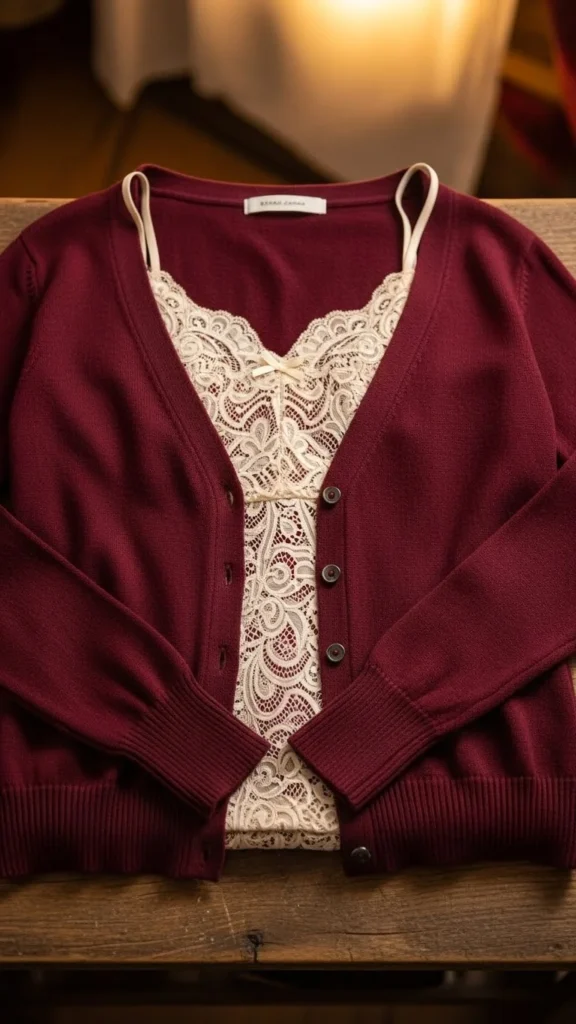 Burgundy Cardigan and Lace Cami