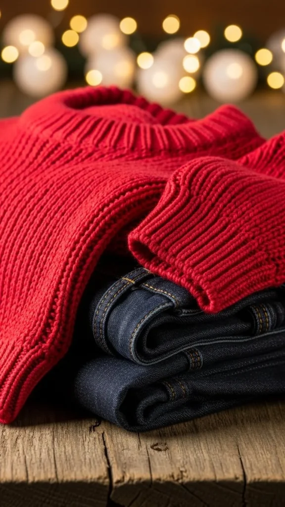 Classic Red Knit Sweater and Dark Denim
