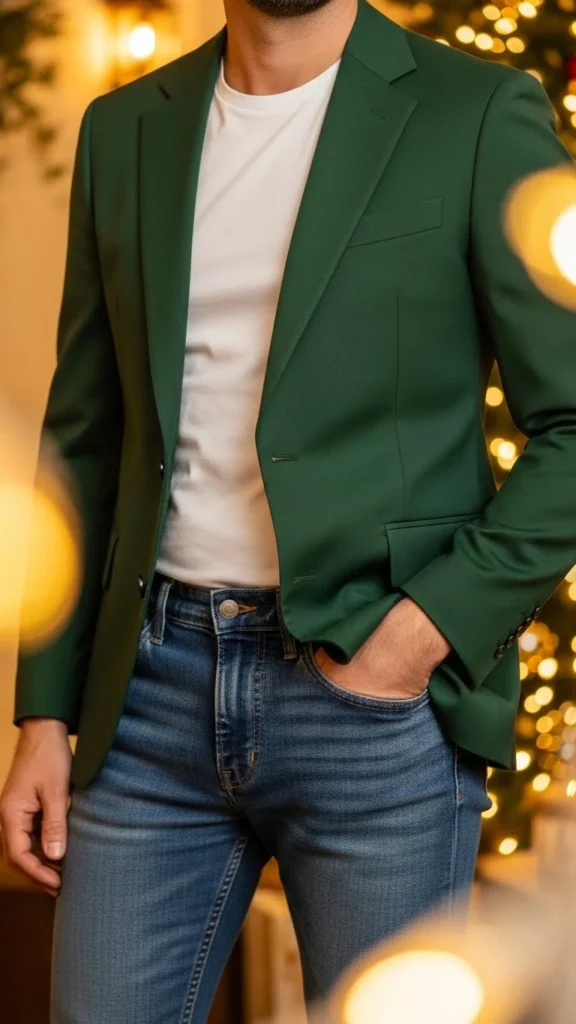 Green Blazer Over Tee and Jeans