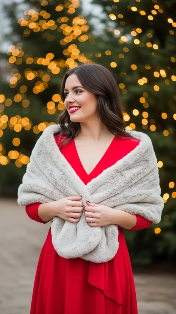 Red Dress with Faux-Fur Shawl