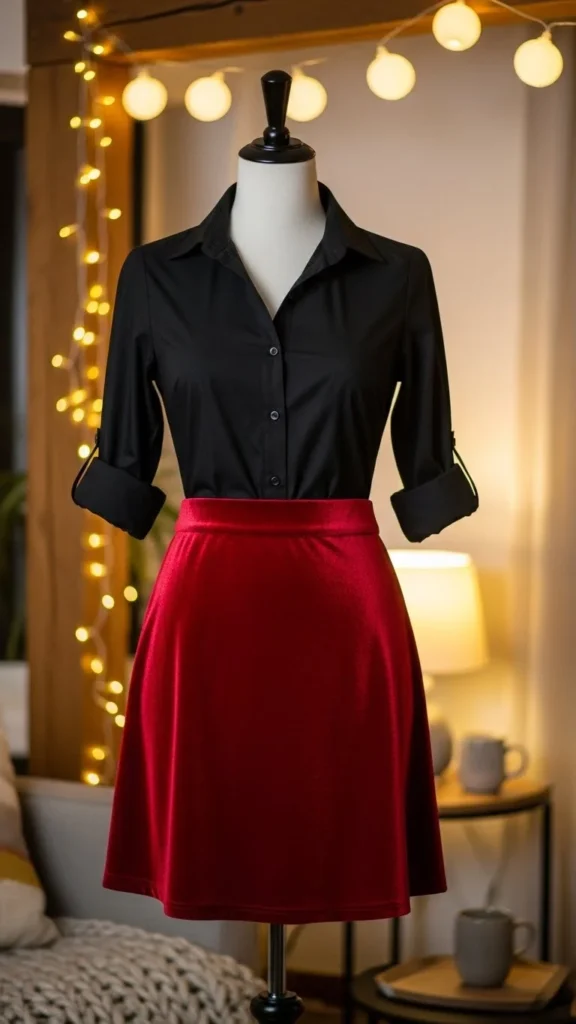 Red Velvet Skirt with Black Button-Up