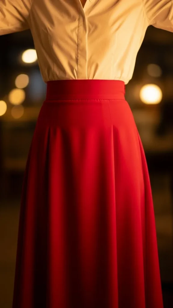 White Button-Up with Red Midi Skirt